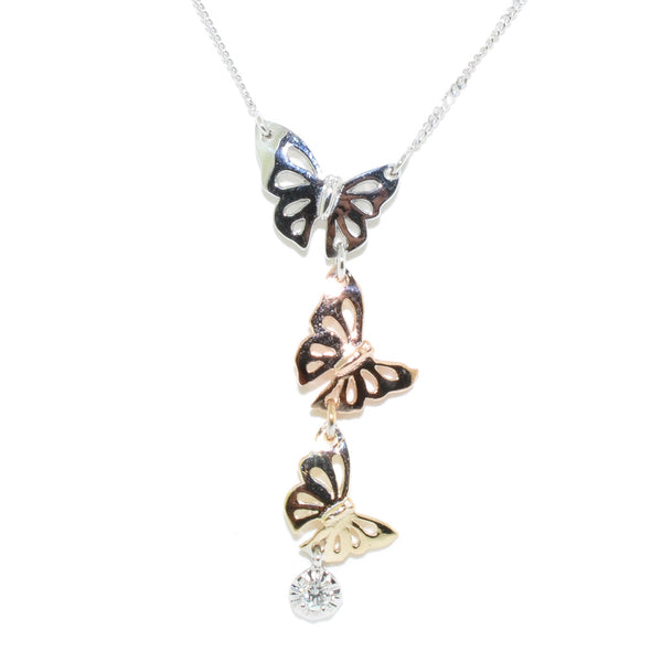 graziella Fire and Ice 10KT Tri Gold 18" 0.028CT Canadian Diamond Butterfly Necklace