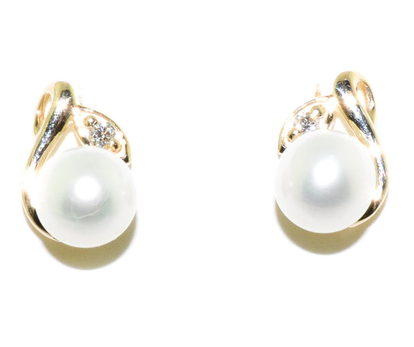 graziella Fire and Ice 10KT Yellow Gold 6.5-7MM Freshwater Pearl and Canadian Diamond Earrings