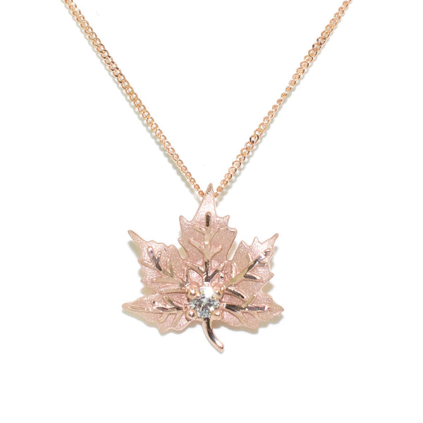 Graziella "Fire & Ice" 10KT Rose Gold 18" 0.047CT Maple Leaf Necklace