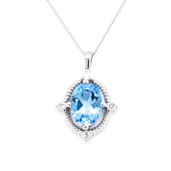 graziella Fire & Ice 10KT White Gold 18" Oval Shape Blue Topaz & Canadian Diamond Necklace