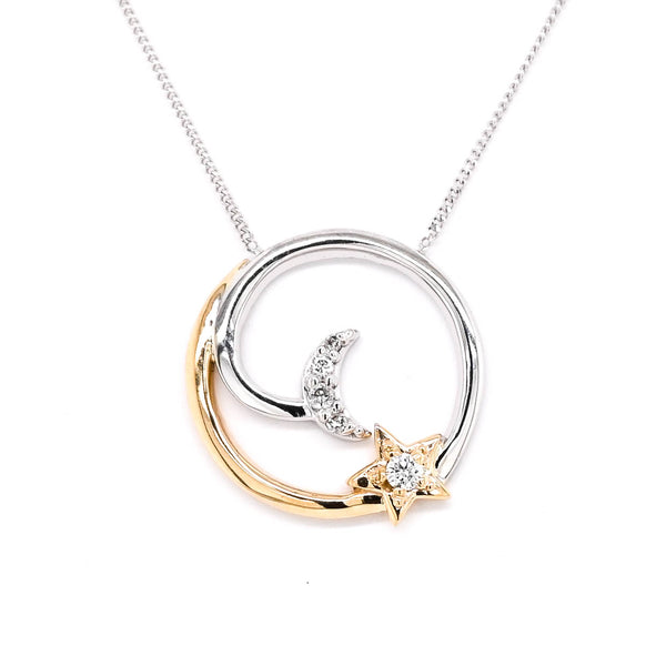 graziella Fire & Ice 10KT White & Yellow Gold 18" 0.05CTW Canadian Diamond Moon & Star Necklace