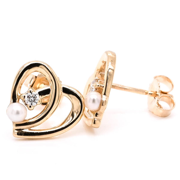 graziella Fire & Ice 10KT Yellow Gold 18" 2.5mm Pearl & Canadian Diamond Heart Earrings