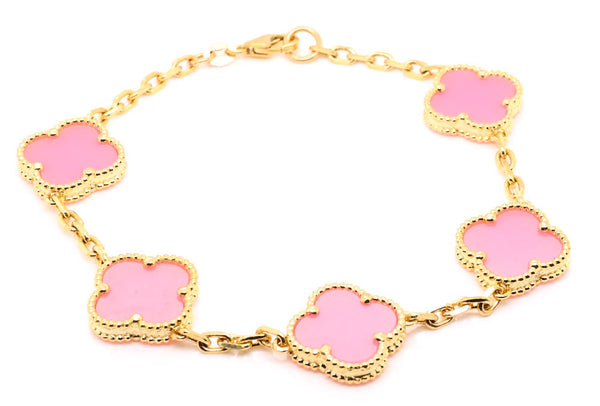 graziella 10KT Yellow Gold 8" Pink Flower Bracelet