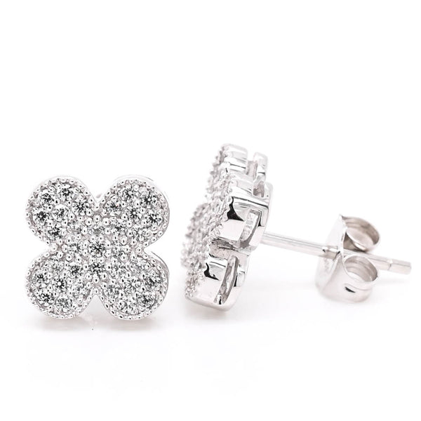 graziella 14KT White Gold C.Z Clover Stud Earrings