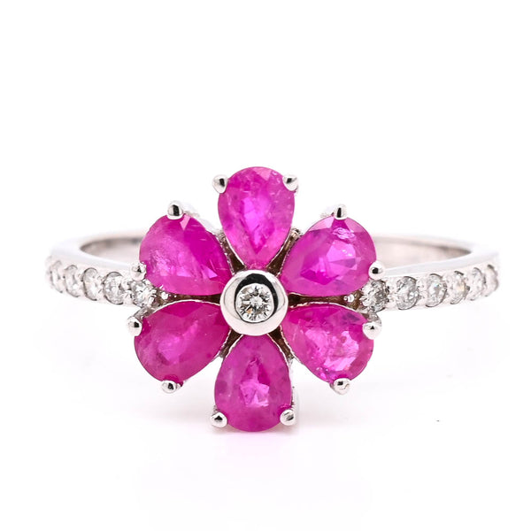 graziella 14KT White Gold Ruby & Diamond Flower Ring