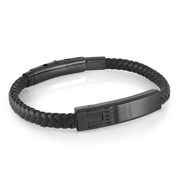 graziella Italgem Steel 8" Black Leather Bracelet