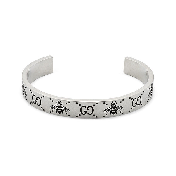 Graziella Gucci Sterling Silver 8.25" 8mm GG And Bee Engraved Cuff Bracelet
