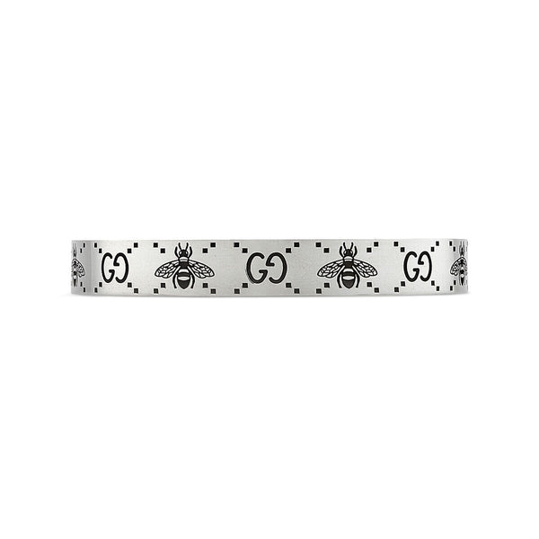 graziella Gucci Sterling Silver 8.25" 8mm GG and Bee Engraved Cuff Bracelet