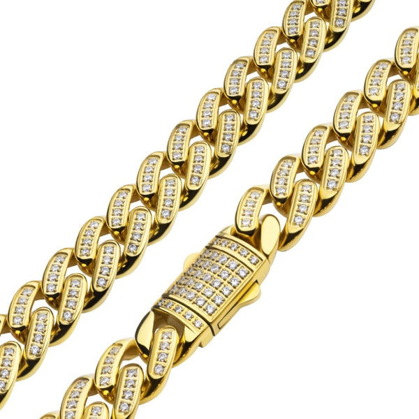 Graziella INOX Stainless Steel 24" 12mm 18KT Gold IP Miami Cuban C.Z Necklace