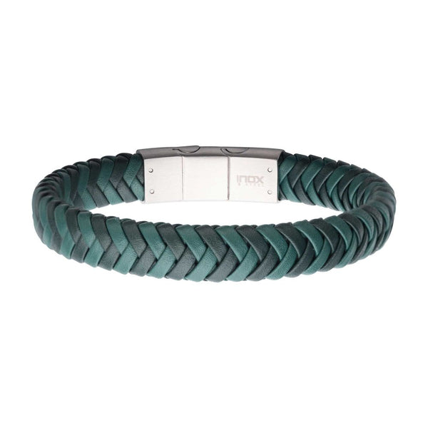 graziella INOX Stainless Steel 8.5" Two-tone Green Leather Bracelet