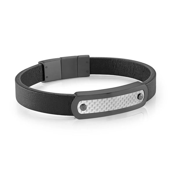 graziella Italgem Steel 8" 10mm Black IP steel Plate Black Leather Bracelet