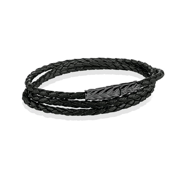 graziella Italgem steel 8" Black Leather Triple Wrap Bracelet