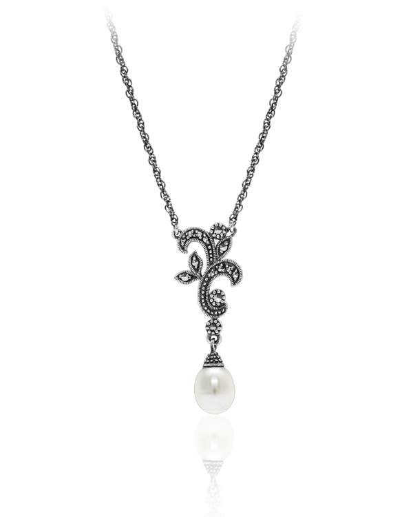 graziella Larus Sterling Silver 18" Pearl and Marcasite Necklace