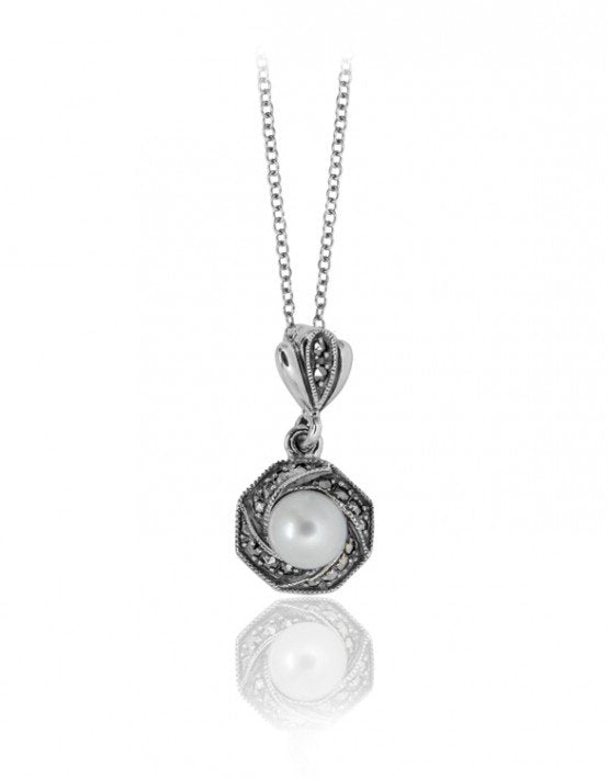 graziella Larus Sterling Silver 18" Pearl and Marcasite Necklace