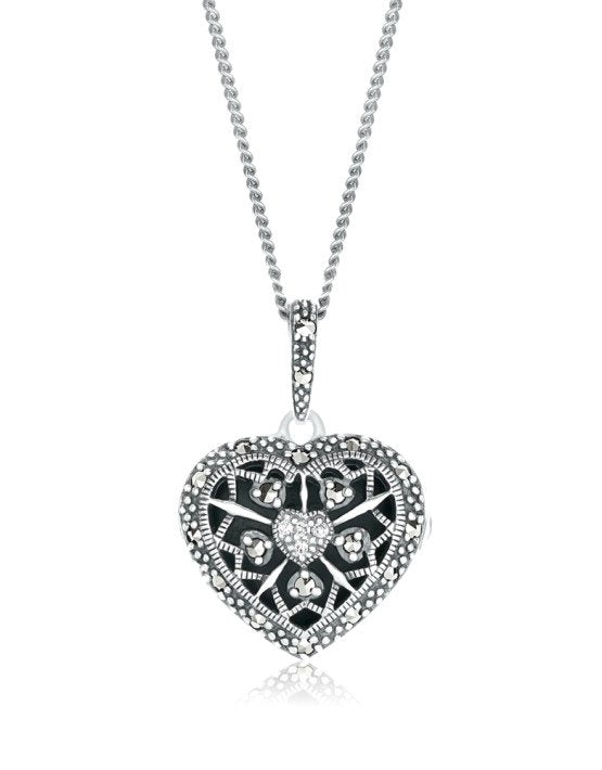 graziella Larus Sterling silver 20" Marcasite Heart Locket Necklace