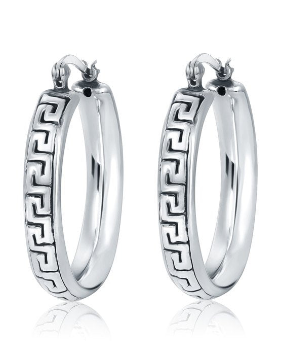 graziella Larus Sterling Silver 30x20mm Greek Key Hoop Earrings