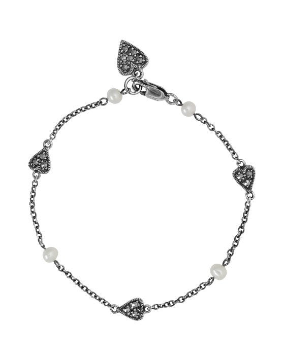 graziella Larus Sterling Silver 7" Freshwater Pearl & Marcasite Heart Bracelet