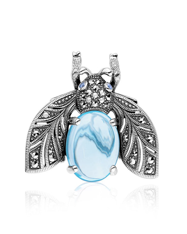 graziella Larus Sterling Silver Marcasite & Cabachon Blue Topaz Beetle Brooch