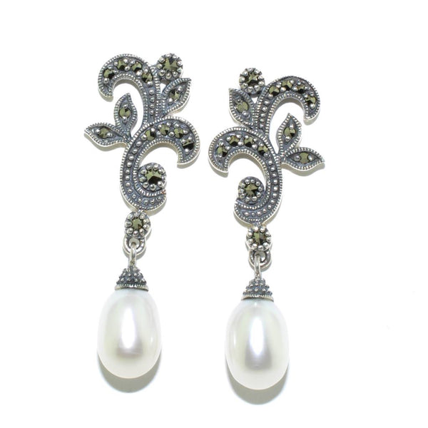 graziella Larus Sterling Silver Pearl and Marcasite Earrings