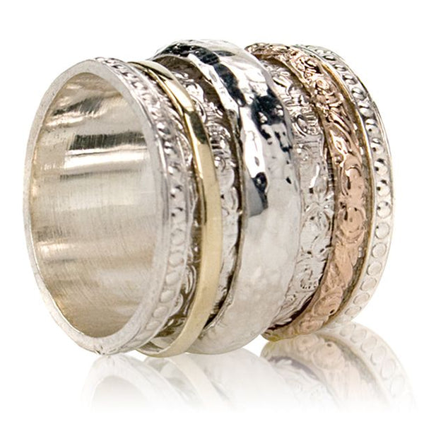 graziella Namaste Meditation Ring. Sterling Silver and 9KT Yellow and Rose Gold. Size 8
