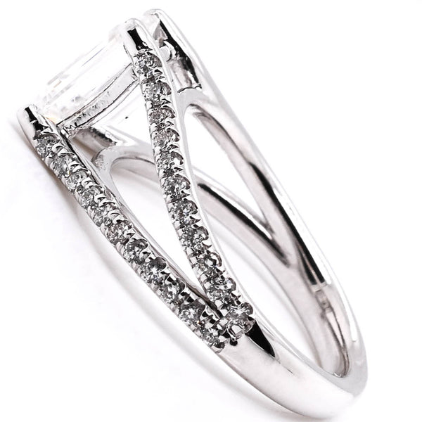 Graziella Platinum Split Shank 7.5x5.5mm Emerald Shape Moissanite And Diamond Accent Ring