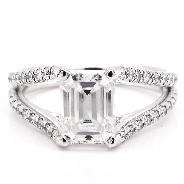 graziella Platinum Split Shank 7.5x5.5mm Emerald Shape Moissanite and Diamond Accent Ring