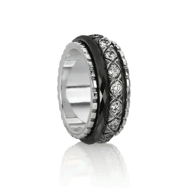 graziella Radiance Meditation Ring. Sterling Silver Black Ceramic and C.Z. Siz