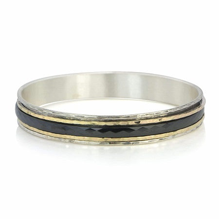 graziella Raven Meditation Bangle Sterling Silver and 10KT Yellow Gold with Black Enamel Spinning Band
