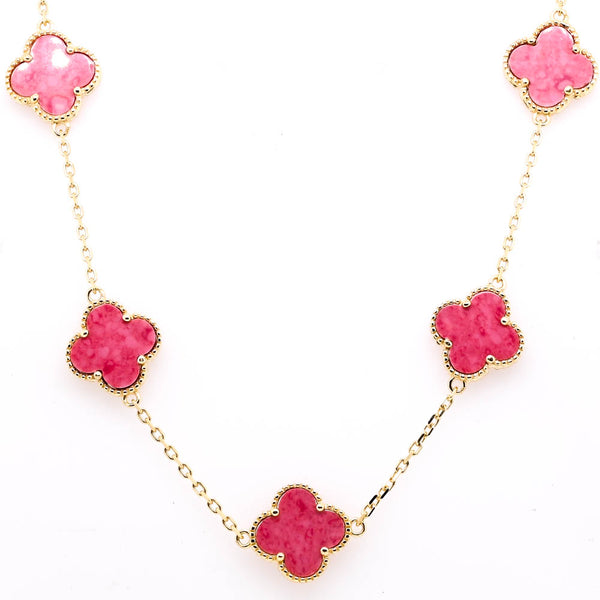 graziella Sterling Siilver 14KT Yellow Gold Plated 24" Pink Rhodonite Multi Clover Necklace