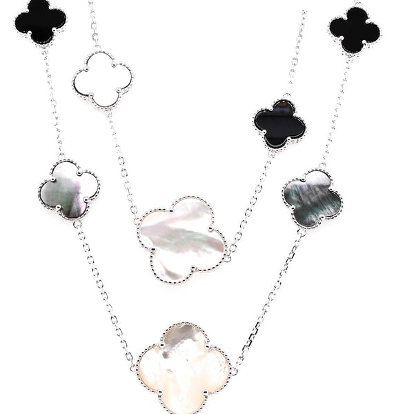 graziella Sterling Siilver 36" Onyx & Mother of Pearl Multi Clover Necklace