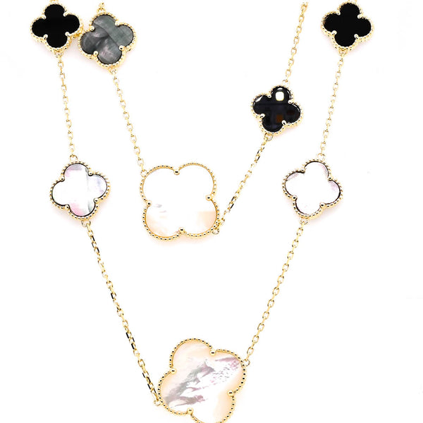 graziella Sterling Siilver 36" Onyx & Mother of Pearl Multi Clover Necklace