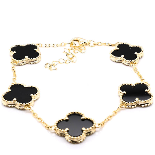 graziella Sterling Silver 14KT Yellow Gold Plated 8" Black Onyx Flower Bracelet