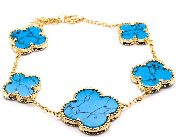 Graziella Sterling Silver 14KT Yellow Gold Plated 8" Turquoise Flower Bracelet
