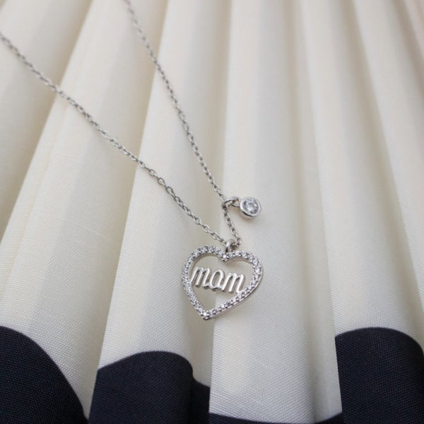 Graziella Sterling Silver 17" "MOM" Halo CZ Heart Necklace