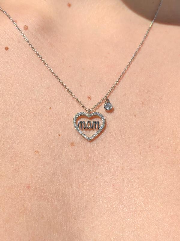 Graziella Sterling Silver 17" "MOM" Halo CZ Heart Necklace