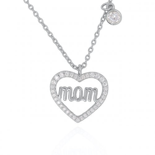 graziella Sterling Silver 17" "MOM" Halo CZ Heart Necklace