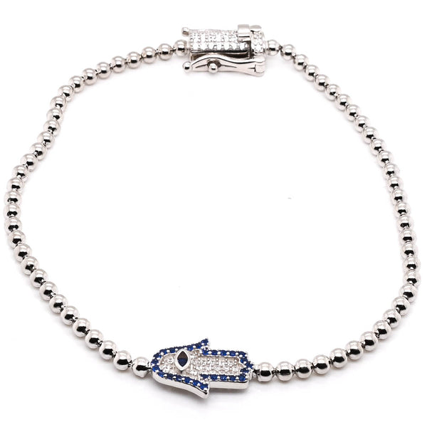 graziella Sterling Silver 7.5" Blue & White C.Z Hamsa Bead Bracelet