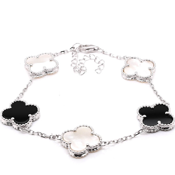 graziella Sterling Silver 8" Black Onyx & Mother of pearl Flower Bracelet