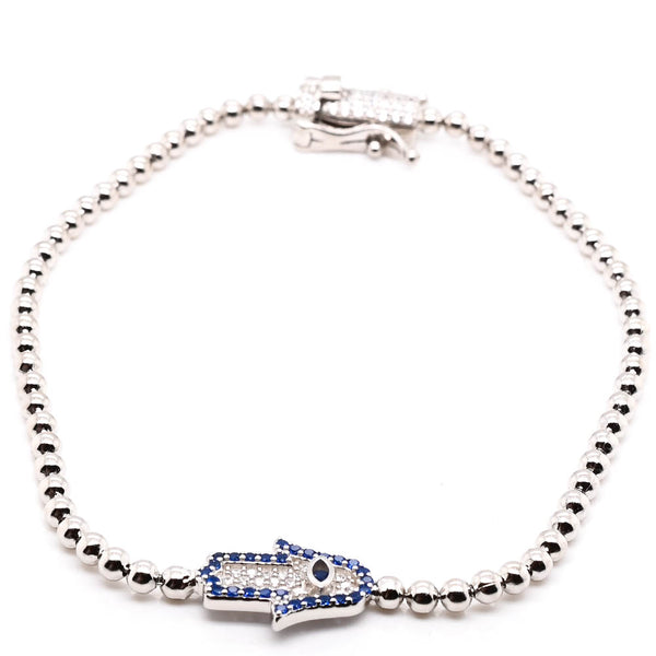 graziella Sterling Silver 8" Blue & White C.Z Hamsa Bracelet