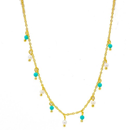 graziella Sterling Silver Gold Plated 16" Turquoise and Pearl Beaded Necklace