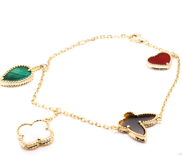 graziella Sterling Silver Gold Plated 8" Mother of Pearl Malachite Tigers Eye & chalcedony Bracelet