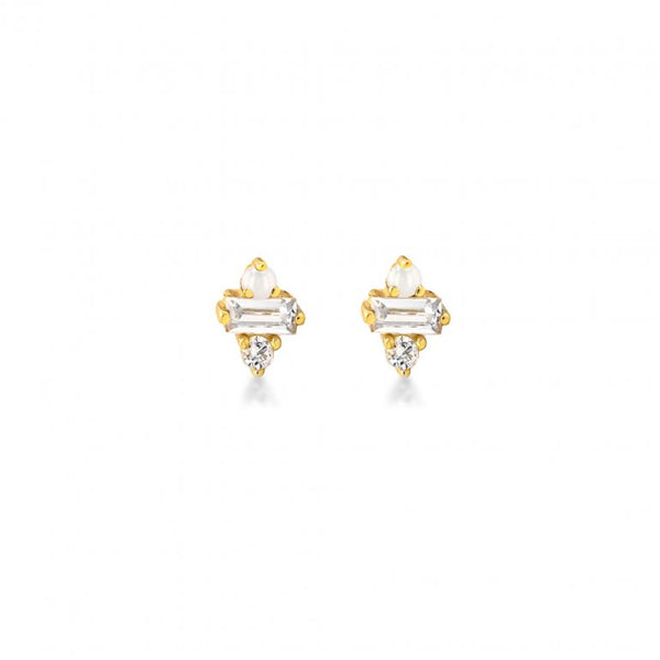 graziella Sterling Silver Gold Vermeil Dainty Baguette & Round CZ Stud
