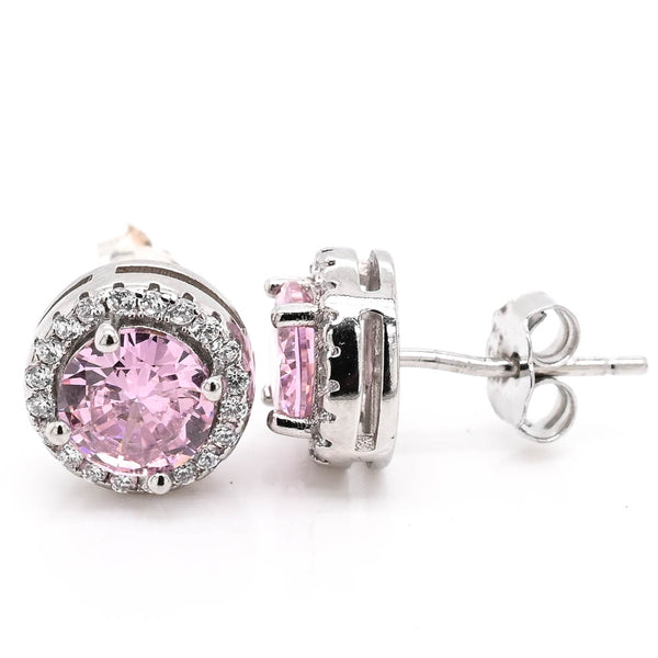 Graziella Sterling Silver Pink & White C.Z Halo Set Stud Earrings