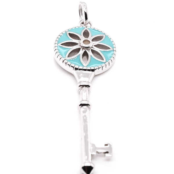 graziella Sterling Silver Plain Key with Hollow Turquoise Flower Pendant