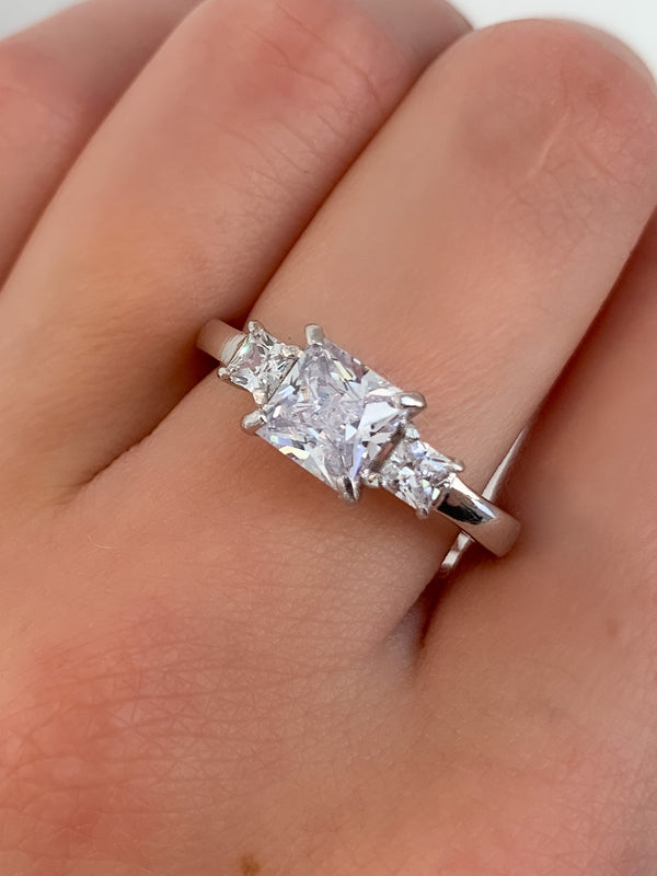 Graziella Sterling Silver Princess Cut 3 Stone C.Z Ring