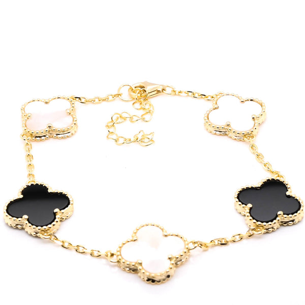 graziella Sterling Silver Yellow Gold Plated 8" Black Onyx & Mother of pearl Flower Bracelet