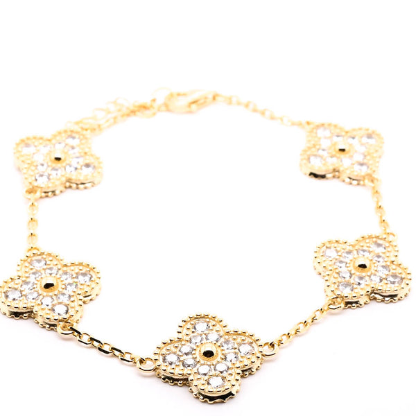 Graziella Sterling Silver Yellow Gold Plated 8" C.Z Multi Clover Bracelet