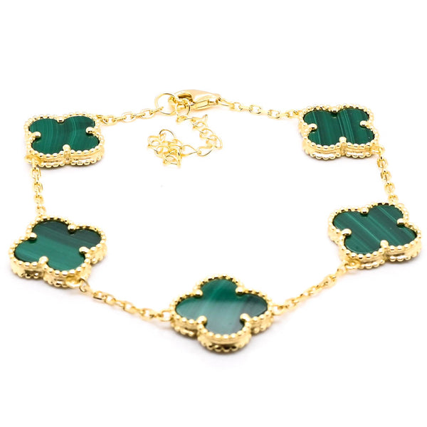 Graziella Sterling Silver Yellow Gold Plated 8" Malachite Flower Bracelet