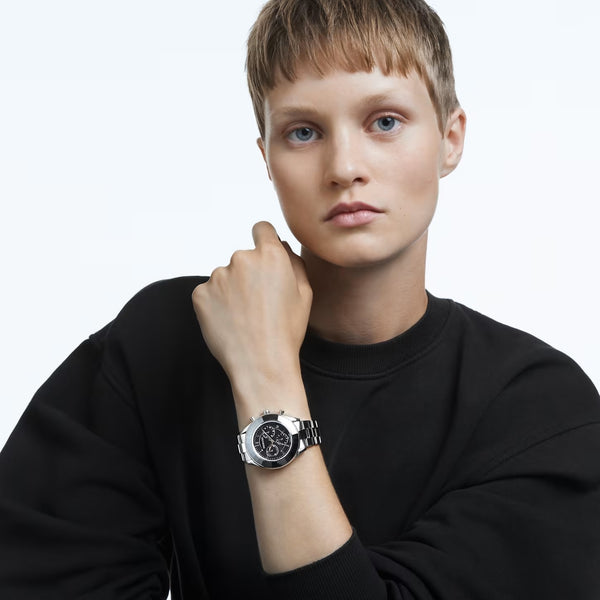 Graziella Swarovski Octea Lux Sport Watch Swiss Made Metal Bracelet Black Stainless Steel