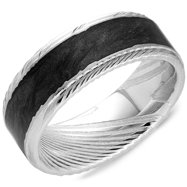 graziella Torque Black Carbon Inlay & Damascus Steel Ring